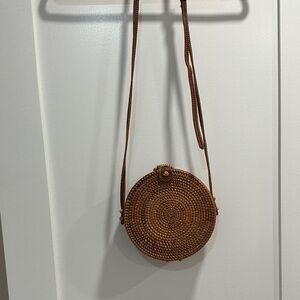 Round Woven Crossbody Bag - Brown
